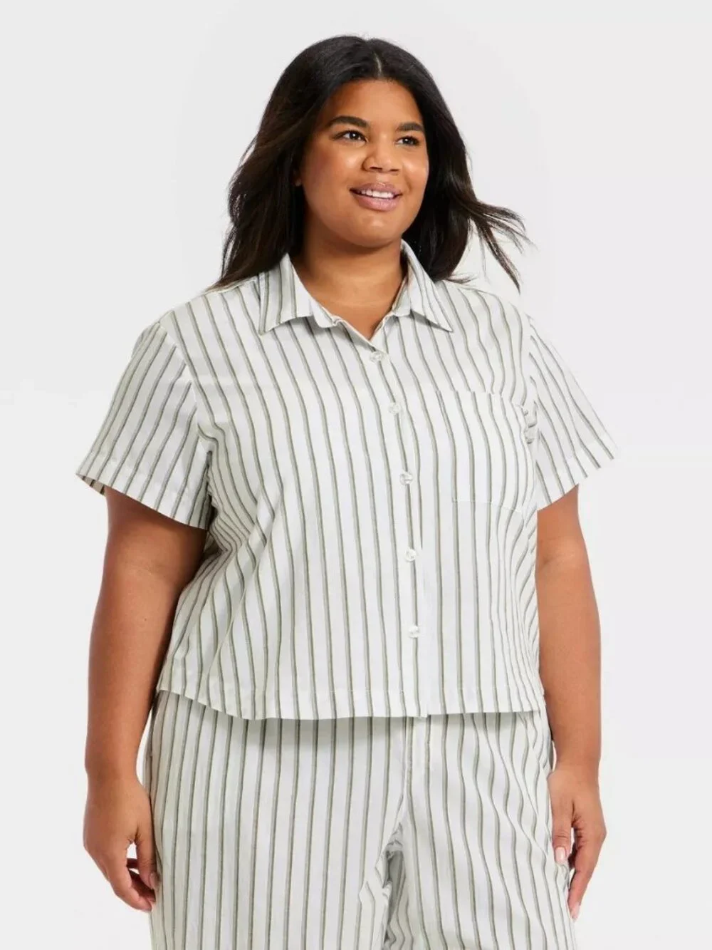 Women's Striped Cotton Blend Long Sleeve Pajama Shirt - Auden™ Olive Green/White